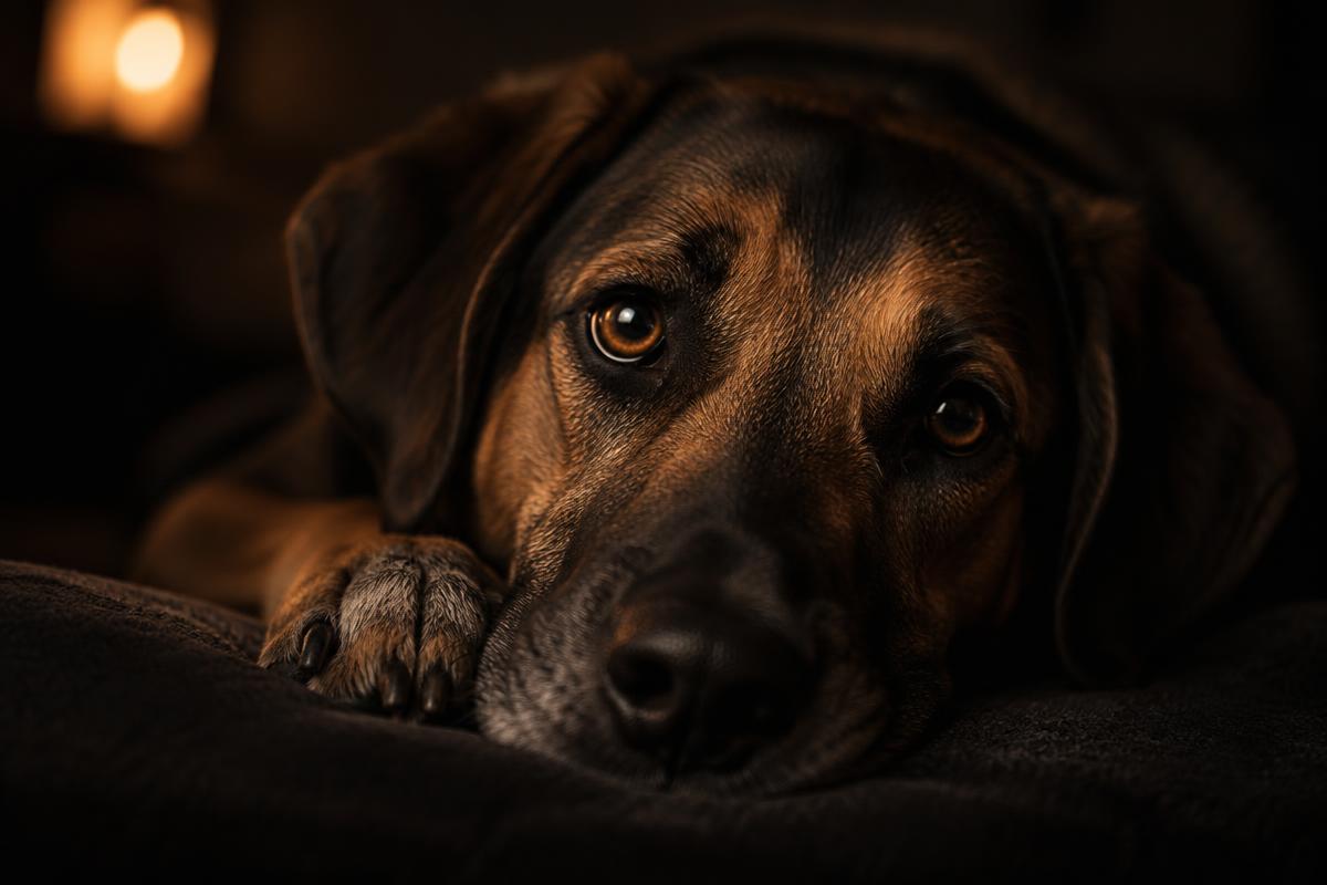 A rescue dog resting in warm light